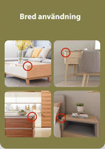 Hörnskydd monterade på olika möbler som soffbord, skrivbord, köksbänk och sängbord för att visa bred användning i hemmet.