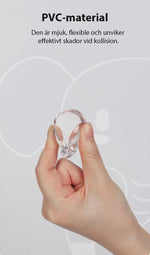 Transparent extra skyddande hörnskydd i mjukt PVC-material som hålls mellan fingrarna, visat hopklämt för att demonstrera flexibilitet.