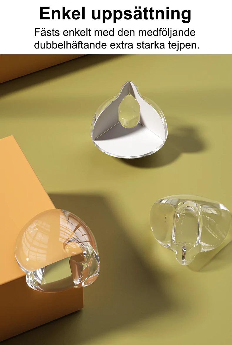 Transparent extra skyddande hörnskydd i silikon visade från flera vinklar på gul bakgrund, med text som beskriver enkel montering med dubbelhäftande tejp