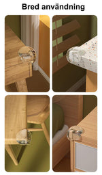 Transparent extra skyddande hörnskydd i silikon monterade på olika möbelhörn såsom skrivbord, köksbänk, stol och sängbord, som visar bred användning i hemmet.