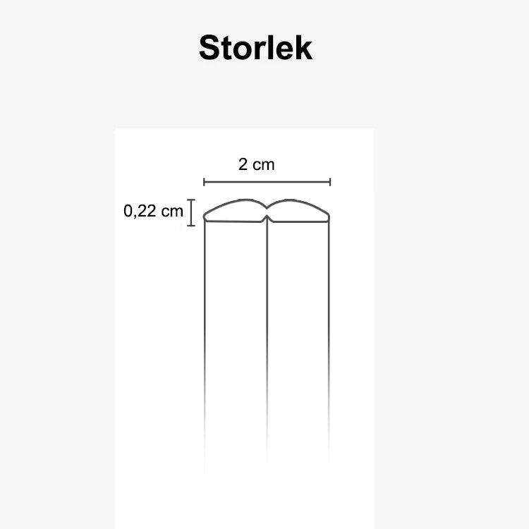 Illustration av barnsäkert kantskydd i transparent material med måttangivelser: 2 cm bredd och 0,22 cm höjd