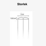 Illustration av barnsäkert kantskydd i transparent material med måttangivelser: 2 cm bredd och 0,22 cm höjd