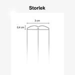 Illustration av kantskyddets mått, 3 cm bredd och 0,4 cm tjocklek, visat uppifrån och från sidan.