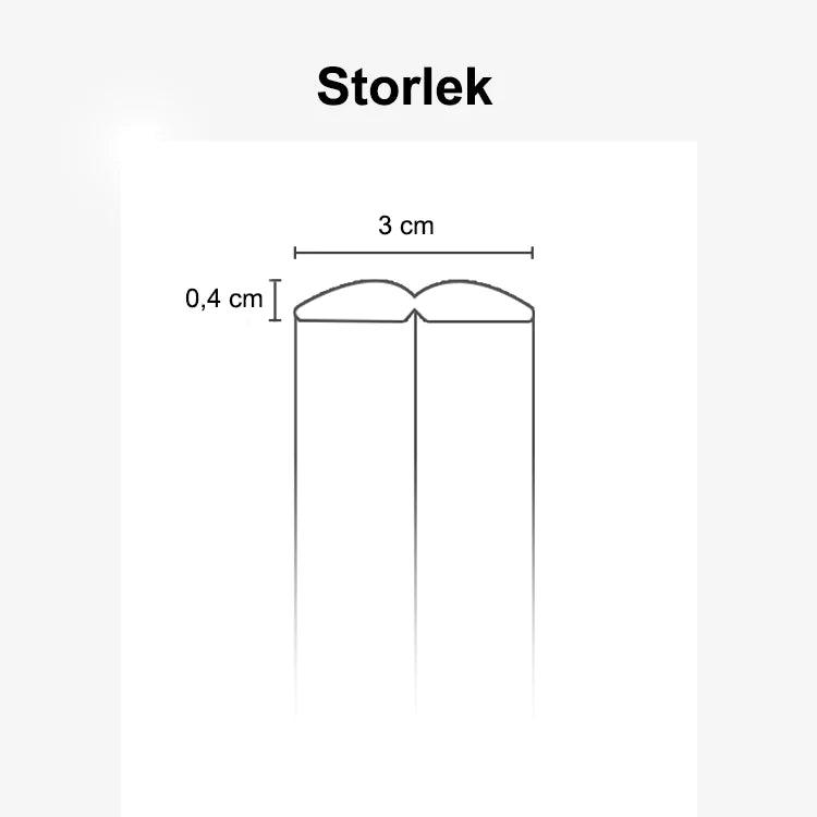 Illustration av kantskyddets mått, 3 cm bredd och 0,4 cm tjocklek, visat uppifrån och från sidan.