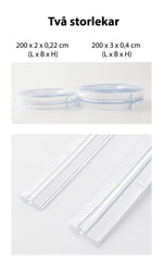 Två rullar transparenta kantskydd i olika storlekar, visade tillsammans med sina platta utslagna skyddsremsor.