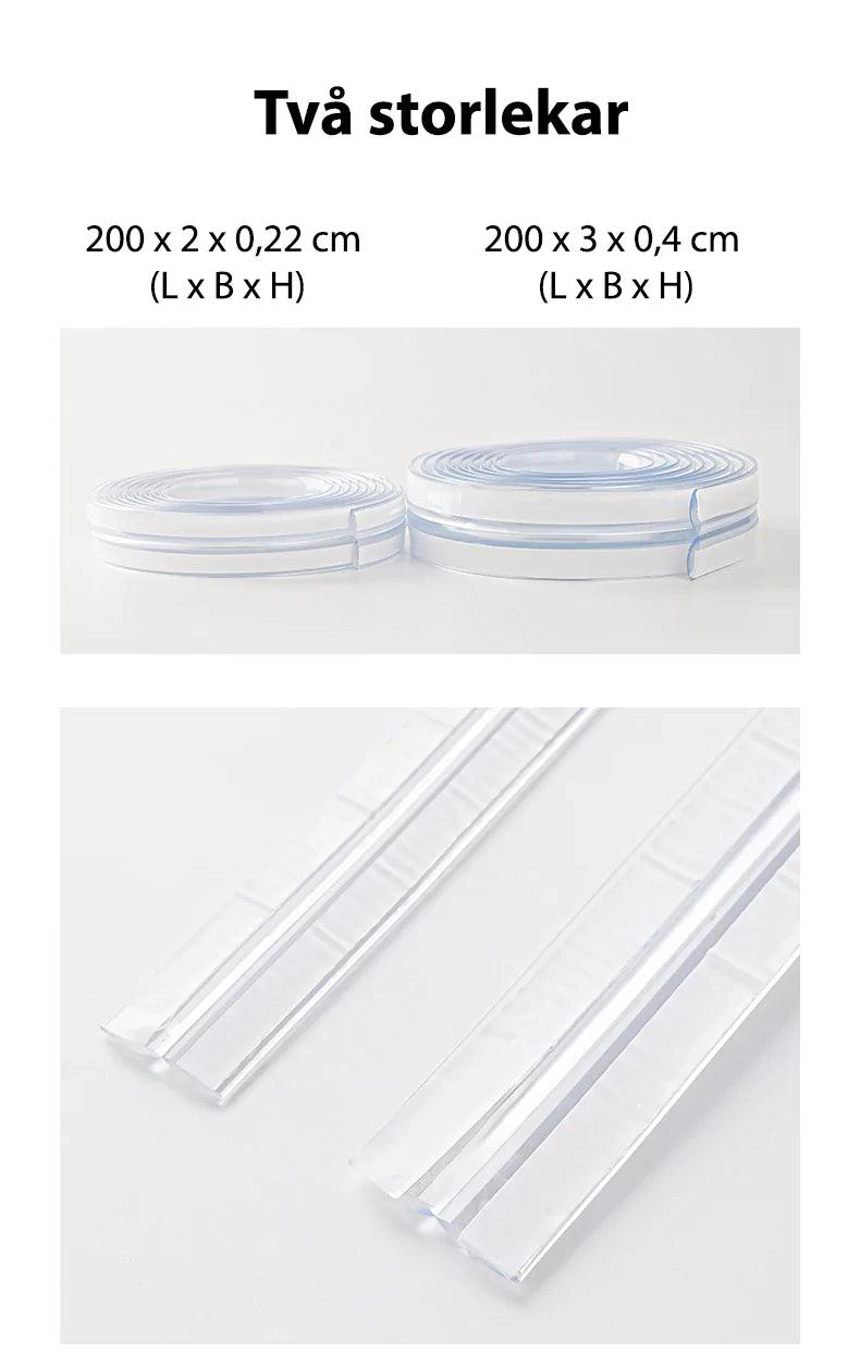 Två rullar transparenta kantskydd i olika storlekar, visade tillsammans med sina platta utslagna skyddsremsor.