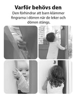 Fyra svartvita bilder som visar små barn som riskerar att få fingrarna i kläm i dörrspringor när de leker, vilket illustrerar varför ett dörrklämskydd behövs.