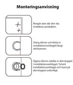 Illustrerad monteringsanvisning för ett automatiskt dörrklämskydd. Första bilden visar att ytan ska rengöras. Andra bilden visar dörren stängd medan ett installationsverktyg fästs på dörrkarmen. Tredje bilden visar dörren öppnad och dörrskyddet placerat i installationsverktyget, som sedan tas bort innan skyddet trycks fast ordentligt.