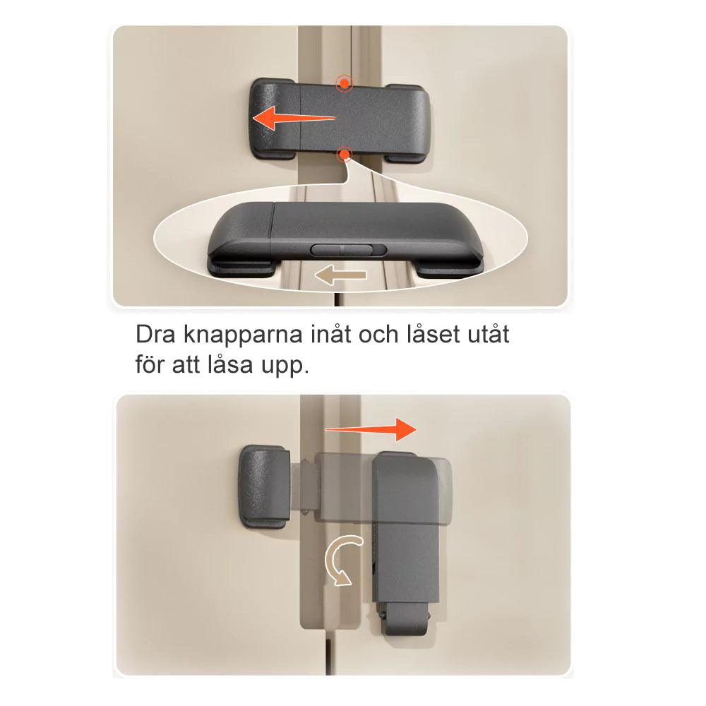 Instruktionsbild som visar hur ett dubbeldörrs kylskåpslås öppnas genom att dra knapparna inåt och skjuta låset utåt.