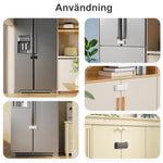 Collage som visar hur ett barnsäkert dubbeldörrslås används på kylskåp och skåpsdörrar i olika köksmiljöer, i både svart och vitt utförande.