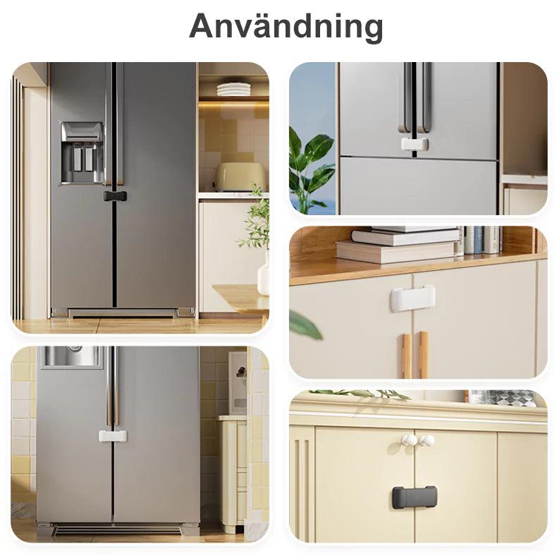 Collage som visar hur ett barnsäkert dubbeldörrslås används på kylskåp och skåpsdörrar i olika köksmiljöer, i både svart och vitt utförande.