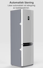 Grått kylskåp med ett automatiskt barnlås monterat på dörren, som låser sig själv när kylskåpet stängs.