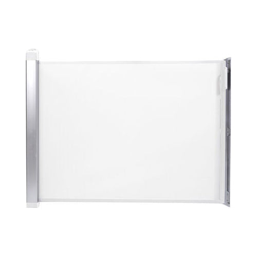 En utdragbar vit säkerhetsgrind med silverfärgade sidopaneler. Tyget är utspänt horisontellt mellan två vertikala fästen, där vänstra sidan innehåller kassettmekanismen och högra sidan fungerar som lås/fäste mot väggen.