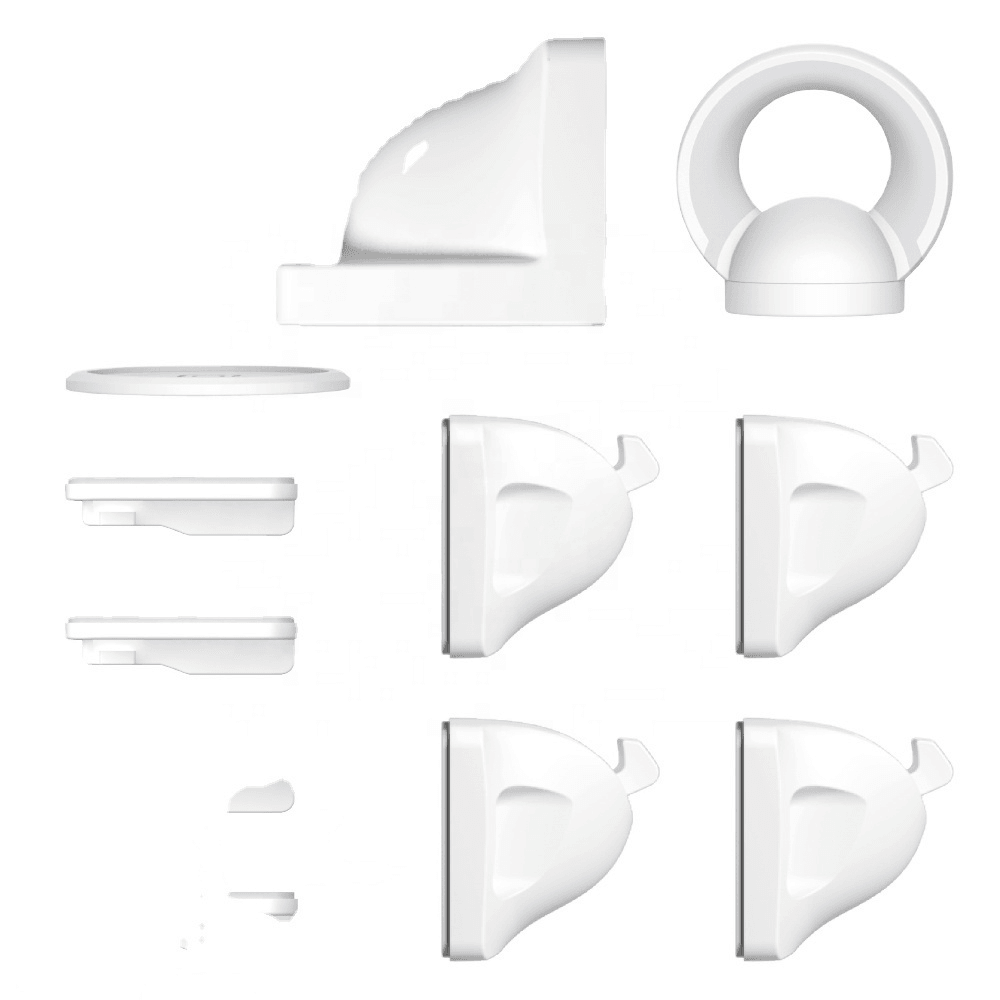 Komplett set med magnetiska barnlås för skåp – inkluderar låsmekanismer, fästen och magnetnyckel.