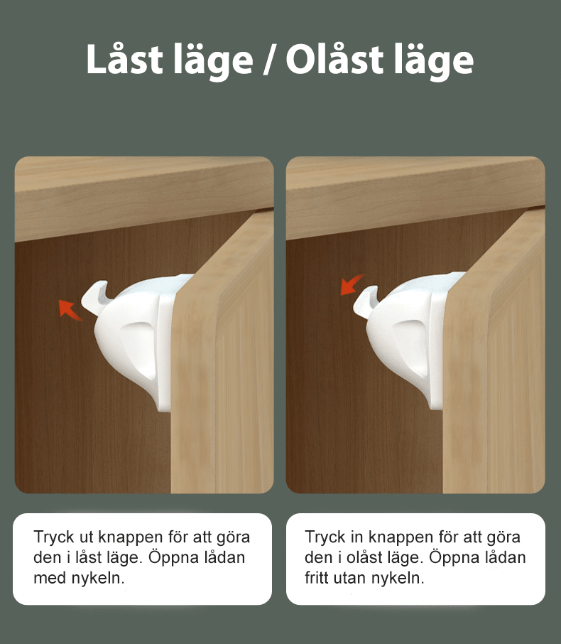 Magnetiskt barnlås med låst och olåst läge – knapp justerar säkerhetsfunktionen för lådor och skåp.