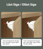 Magnetiskt barnlås med låst och olåst läge – knapp justerar säkerhetsfunktionen för lådor och skåp.