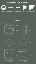 Innehåll och mått för magnetiskt barnlåspaket – inkluderar nyckel, hållare, låsplattor och lås med detaljerade storlekar