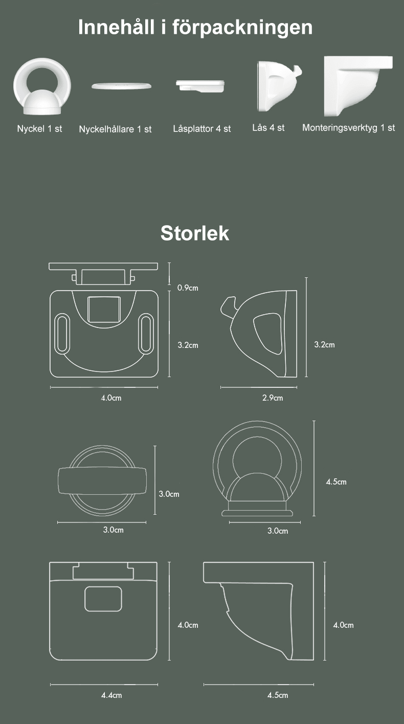Innehåll och mått för magnetiskt barnlåspaket – inkluderar nyckel, hållare, låsplattor och lås med detaljerade storlekar
