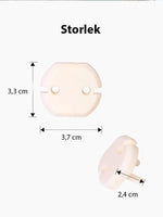 Mått på barnsäkert petskydd för eluttag i EU-typ, visat framifrån och från sidan med höjd 3,3 cm, bredd 3,7 cm och längd 2,4 cm.