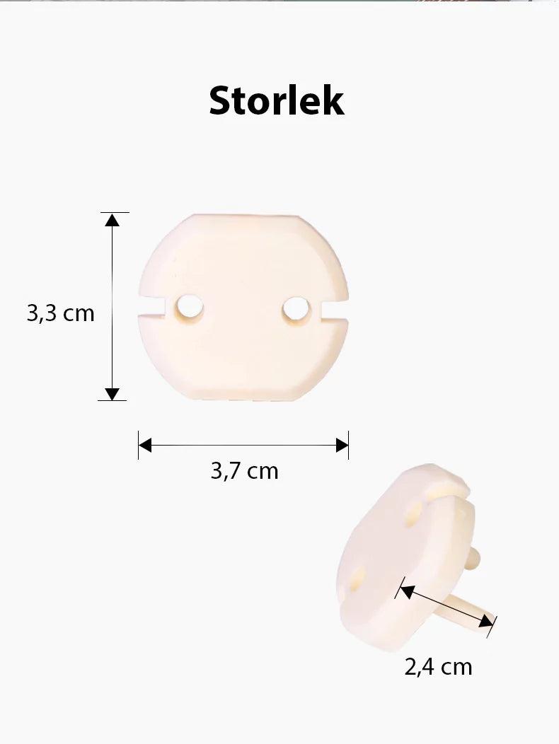 Mått på barnsäkert petskydd för eluttag i EU-typ, visat framifrån och från sidan med höjd 3,3 cm, bredd 3,7 cm och längd 2,4 cm.