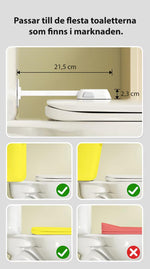 Barnlås för toalettlock som passar de flesta toaletter, med mått 21,5 cm räckvidd och 2,3 cm locktjocklek samt exempel på kompatibla och inkompatibla modeller.