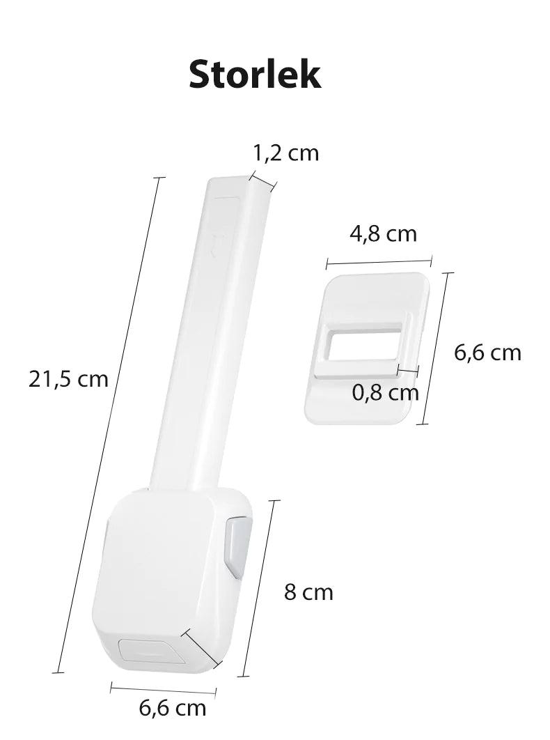 Storleksguide för barnsäkert toalettlås med mått på låsarm och fäste
