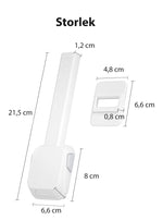 Storleksguide för barnsäkert toalettlås med mått på låsarm och fäste