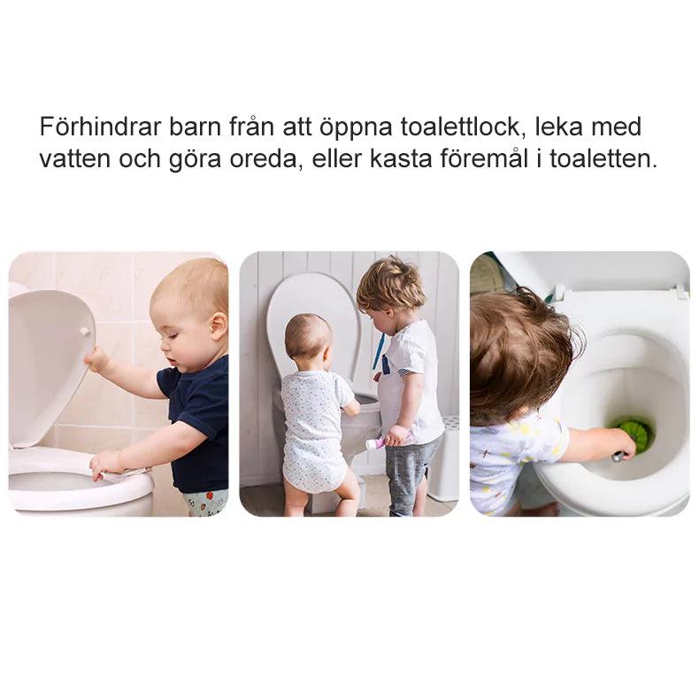 Små barn som försöker öppna toalettlock och leka vid toaletten, vilket illustrerar behovet av ett barnsäkert toalettlås för att förhindra olyckor och oreda.