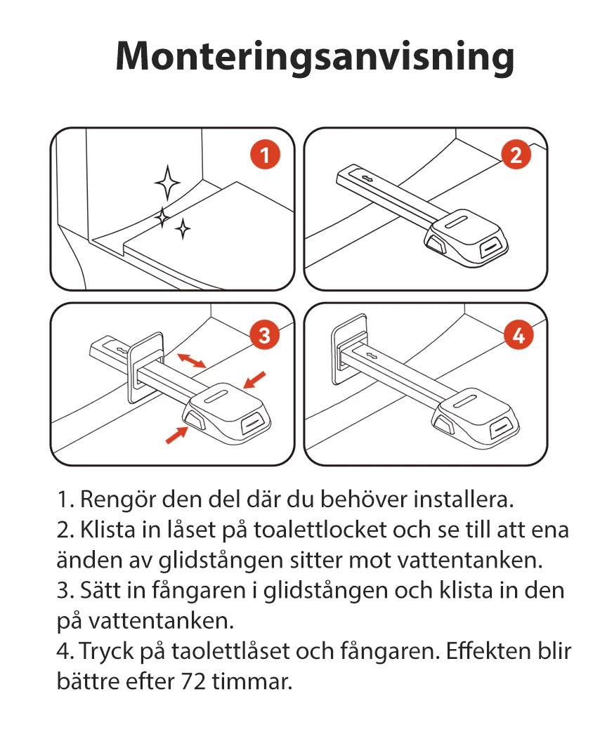 Monteringsanvisning för barnsäkert toalettlås som visar steg-för-steg hur låset rengörs, fästs och installeras på toalettlock och vattentank.