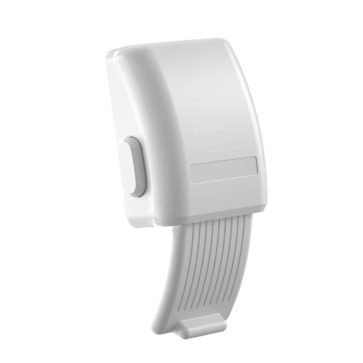 Vitt barnsäkert ugnslås med dubbelknappslåsning och böjbar spärrarm mot vit bakgrund.