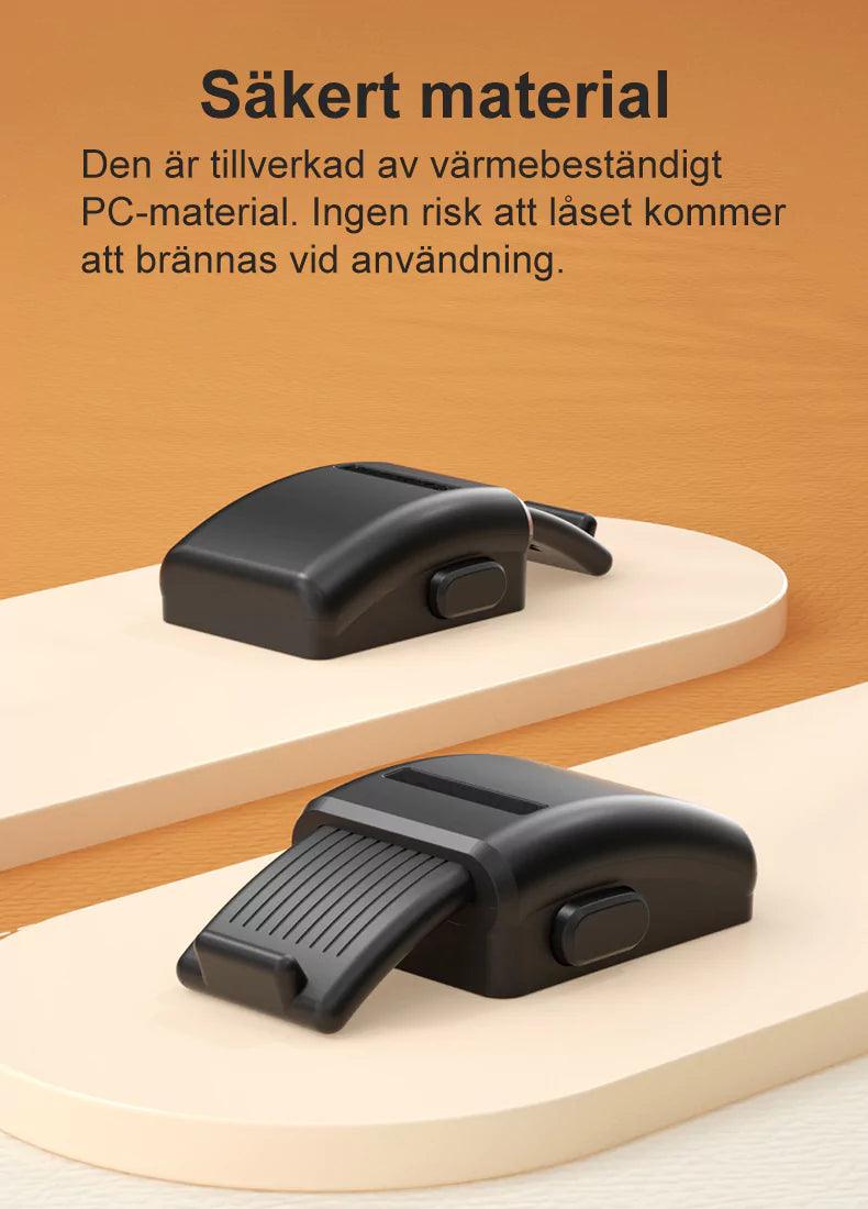 Svart barnsäkert ugnslås av värmebeständigt PC-material, visat i två vinklar med stängt och öppnat spärrarm för att demonstrera säker konstruktion.