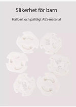 Vita vridbara petskydd för eluttag placerade i en cirkel, med texten ‘Säkerhet för barn – Hållbart och pålitligt ABS-material’ ovanför.