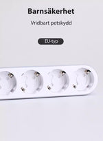 Vitt grenuttag med vridbara barnsäkra petskydd i varje EU-eluttag, med texten ‘Barnsäkerhet – Vridbart petskydd, EU-typ’ ovanför