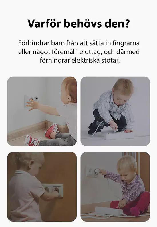Informationsbild om barnsäkra eluttag med text som förklarar att de förhindrar att barn stoppar fingrar eller föremål i uttag. Fyra exempelbilder visar små barn som försöker röra vägguttag eller grenuttag.
